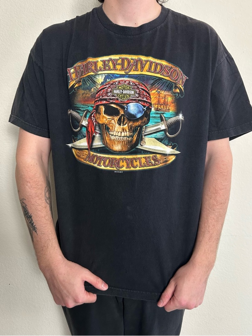 Retro 2017 Harley Davidson Y2K Black Orlando Florida Skull T Shirt Sz 2XL U.S.A